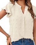Summer Ruffle Elegant Blouse V Neck Short Sleeve Chiffon Women Shirt Office Lady Tops 2023 Solid Color Clothes Blusa Muj