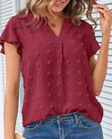 Summer Ruffle Elegant Blouse V Neck Short Sleeve Chiffon Women Shirt Office Lady Tops 2023 Solid Color Clothes Blusa Muj