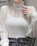 Fashion Stand Collar Lace Chiffon Blouse Women Elegant White Shirts Long Sleeve Casual Apricot Blouse Hollow  Tops 16807