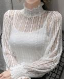 Fashion Stand Collar Lace Chiffon Blouse Women Elegant White Shirts Long Sleeve Casual Apricot Blouse Hollow  Tops 16807