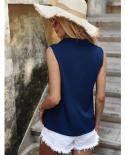 Elegante ahueca hacia fuera las blusas de encaje sin mangas con cuello en V verano 2023 moda mujer sólido suelto Tops Casual Ofi