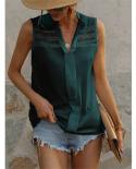 Elegante ahueca hacia fuera las blusas de encaje sin mangas con cuello en V verano 2023 moda mujer sólido suelto Tops Casual Ofi