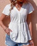 V Neck Summer White Blouse Elegant Casual Hollow Out Button Up Shirt Women Short Sleeve Woman Fashion Tops Blusas Mujer 