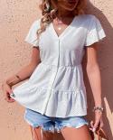 V Neck Summer White Blouse Elegant Casual Hollow Out Button Up Shirt Women Short Sleeve Woman Fashion Tops Blusas Mujer 