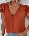 Blusas de chifón de encaje a la moda para mujer, camisa con cuello de pico de verano 2023, blusas informales holgadas de manga c