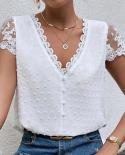 Fashion Lace Chiffon Blouses Woman Summer V Neck Shirt 2023 White Short Sleeve Loose Embroidery Casual Women Tops Blusas