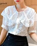  Summer Loose Women Blouse  Hollow Out Lace White Shirt Women Short Sleeve Office Lady Tops Casual Solid Shirts 13608  W
