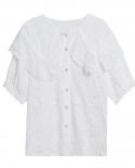 Blusa holgada de verano para mujer, camisa blanca de encaje calada, camisetas de manga corta para mujer, camisas informales sóli