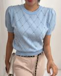 חולצת נשים אופנת קיץ 2023 חולצות נשיפה עם שרוול קצר o צווארון mujer קזואל אלגנטי חלול קרח דק סריג משי 26382