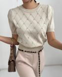 Summer  Fashion Women Blouse 2023 Puff Short Sleeve O Neck Tops Mujer Casual Elegant Hollow Out Thin Ice Silk Knit 26382