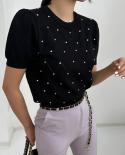 Blusa de mujer a la moda de verano 2023 Puff manga corta cuello redondo Tops Mujer Casual elegante ahueca hacia fuera fino tejid