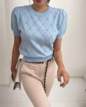 Blusa de mujer a la moda de verano 2023 Puff manga corta cuello redondo Tops Mujer Casual elegante ahueca hacia fuera fino tejid