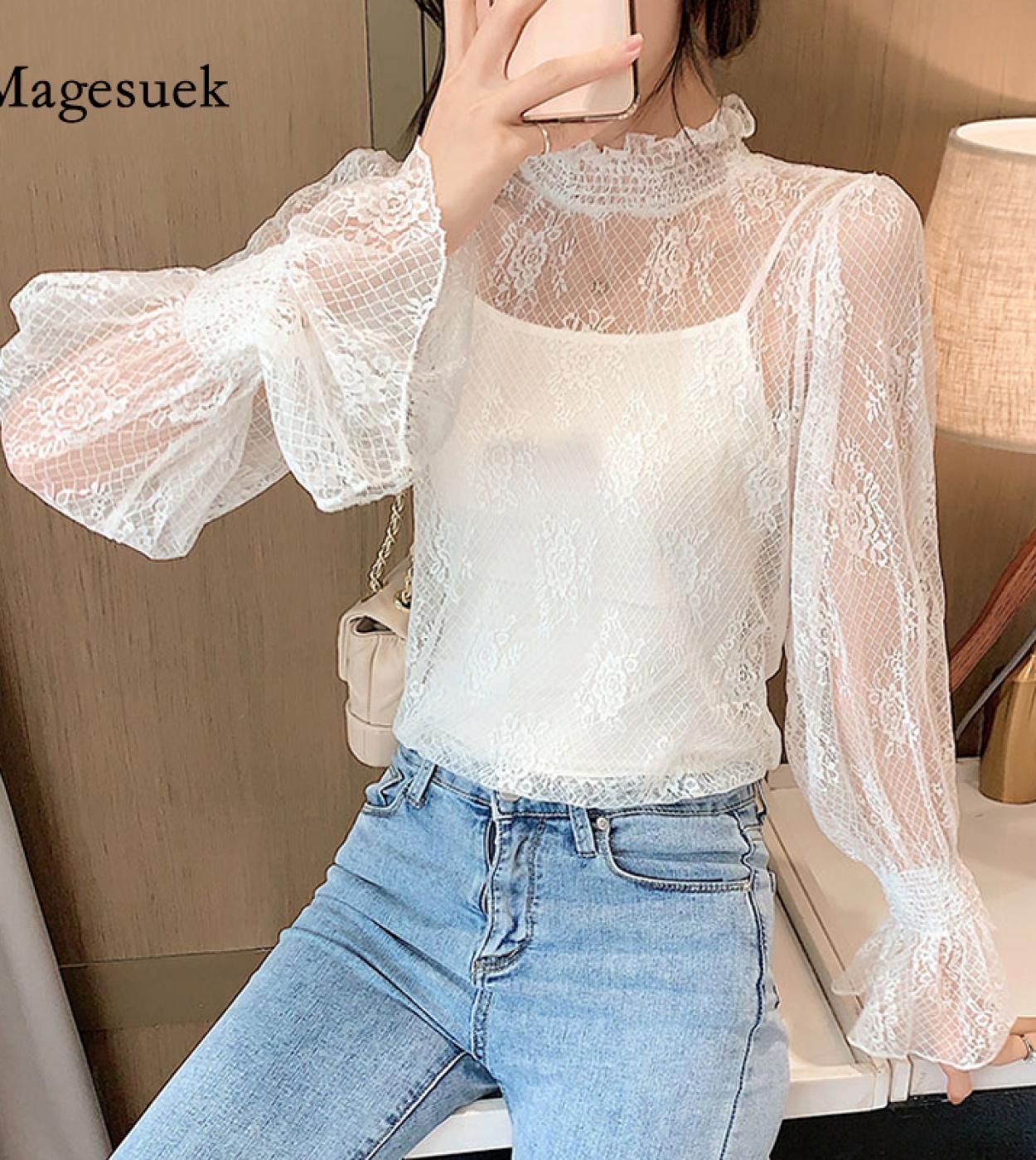 Summer Lace Shirt Fashion Long Sleeve Mesh Hollow See Through Blouse Women Standcollar Petal Sleeve Tops Base Clothing 1