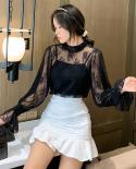 Summer Lace Shirt Fashion Long Sleeve Mesh Hollow See Through Blouse Women Standcollar Petal Sleeve Tops Base Clothing 1
