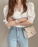 Summer Bubble Short Sleeves Lace Shirt   Style New Vneck Pleated Women Tops Ins Retro Girl Loose Blouse Blusas 13659  Wo