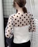 French Patchwork Square Collar Women Blouse Fashion Polka Dot Chiffon Cotton Knitted Tops Autumn Lantern Sleeve Slim Shi