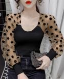 French Patchwork Square Collar Women Blouse Fashion Polka Dot Chiffon Cotton Knitted Tops Autumn Lantern Sleeve Slim Shi