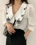 Elegant  Floral Embroidery Women Shirts Chic Puff Sleeve  White Blouse Vintage Blusas Mujer De Moda Clothes Tops 14223  