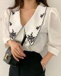 רקמה פרחונית אלגנטית חולצות נשים שיק שרוולים נפוחים חולצה לבנה וינטג בלוזות mujer de moda חולצות בגדים 14223