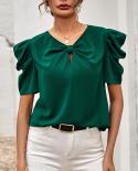 Summer V Neck Elegant Blouse Puff Short Sleeve Fashion 2023 Solid Tops Office Lady Chiffon Shirts Women Clothing Blusas 
