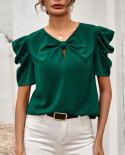 Summer V Neck Elegant Blouse Puff Short Sleeve Fashion 2023 Solid Tops Office Lady Chiffon Shirts Women Clothing Blusas 