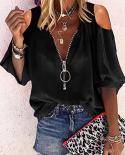 Summer Zipper Fashion Blouse Women Chiffon V Neck Shirt 2023 Female Loose Long Sleeve Clothes Shirt Solid Lady Tops Blus