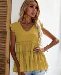 Vneck Lady Sleeveless Sweet Blouse Ruffles Summer Pleated Shirt Fashion Casual Loose Women Tops 2022 Clothes Blusa Mujer