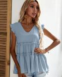 Vneck Lady Sleeveless Sweet Blouse Ruffles Summer Pleated Shirt Fashion Casual Loose Women Tops 2022 Clothes Blusa Mujer