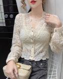 Spring Vneck Hollow Lace Blouse Women  Long Sleeve Apricot Shirt Slim Short Women Tops Clothing Blusas Mujer De Moda 141