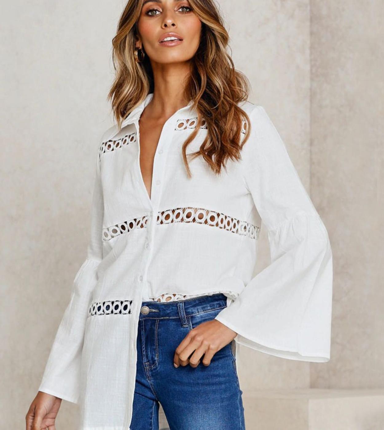 Hollow Out Flare Long Sleeve Shirt Fashion Ladies Turndown Collar White Long Blouse For Women Elegant Loose Tops Female 