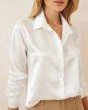 Vintage Women Satin Shirt Office Long Sleeve Blouse Fashion 2023 Spring Turn Down Collar Silk White Tops Elegant Blusas 