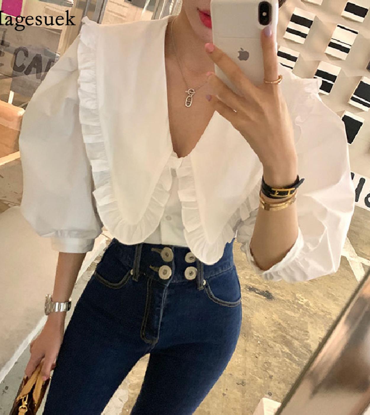 26 24 Camicette e camicette larghe da donna Colletto alla Peter Pan dolce Camicia bianca arruffata Manica corta a sbuffo New Fashion T Description