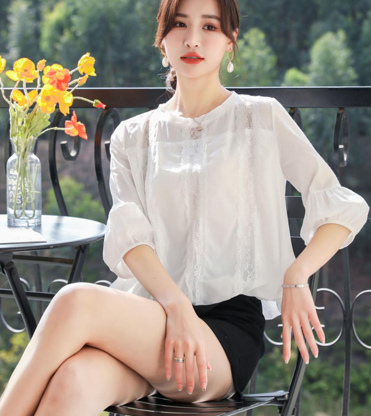 Camicetta da donna in chiffon di pizzo alla moda ricamata casual manica corta magliette larghe o collo fiori estivi camicie bian