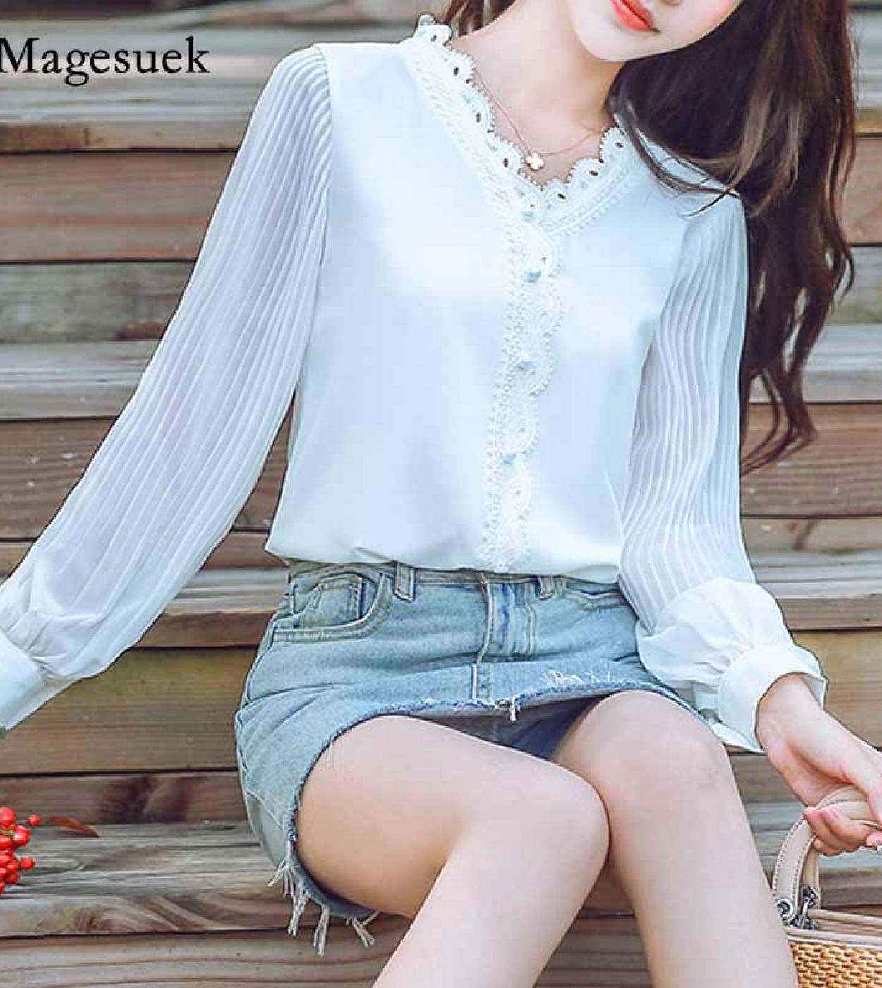 Camisa blanca informal con cuello en V para mujer blusa plisada