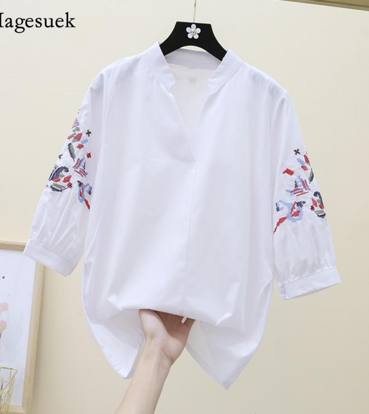 Elegant Embroidery Shirts Fashion Vneck Stripe White Women Tops Summer Casual Chemise Ethnic Style Blouse Femme Blusas 1
