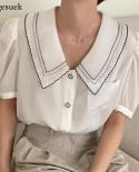 Vintage Peter Pan Collar Blanco Mujer Blusas Chic Puff Camisa de manga corta para mujer Dulce de un solo pecho Tops sueltos 1469