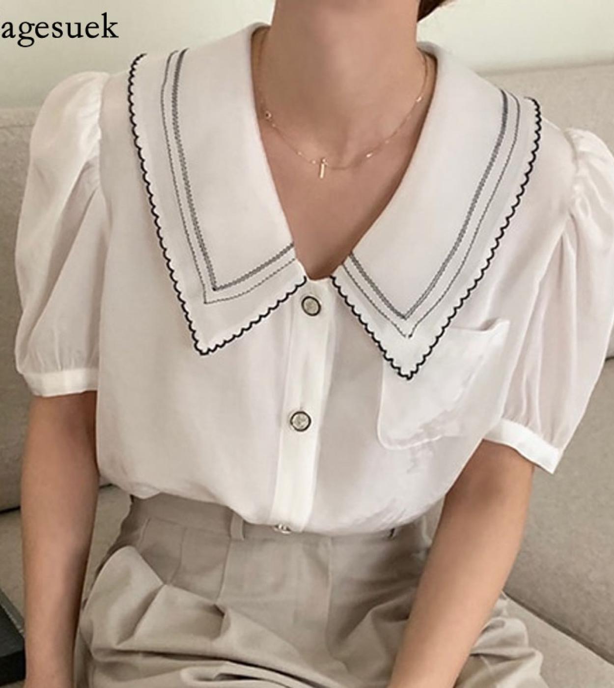 Vintage Peter Pan Collar Blanco Mujer Blusas Chic Puff Camisa de manga corta para mujer Dulce de un solo pecho Tops sueltos 1469