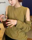 Women Hollowed Out Shoulder Loose Lazy T Shirts Fashion Pullover Tops Autumn Casual Solid Color O Neck Long Sleeve Blous