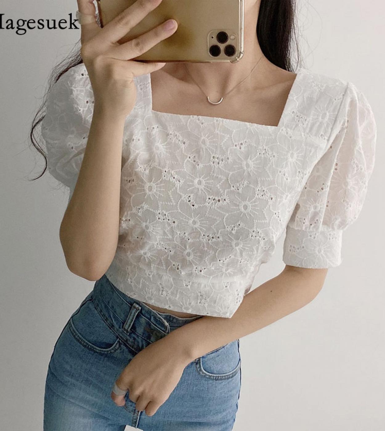 Cuello cuadrado Verano Mujer Tops Nuevo Puff Manga corta Blusa