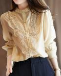 Moda Gola Elegante Blusa de Renda Damasco Outono Tops de Manga Longa Camisa de Primavera Tops Simples Roupas Vintage Blusas