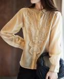 Moda Gola Elegante Blusa de Renda Damasco Outono Tops de Manga Longa Camisa de Primavera Tops Simples Roupas Vintage Blusas