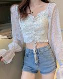 New Clavicle Square Collar Long Sleeve Short Cropped White Blouse  Autumn  Floral Drawstring Women Chiffon Shirt 12396bl