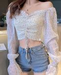 New Clavicle Square Collar Long Sleeve Short Cropped White Blouse  Autumn  Floral Drawstring Women Chiffon Shirt 12396bl