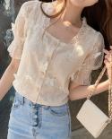  Summer Short Sleeve Ladies Shirt Sweet Square Neck Lace Cropped Top Chic Butterfly Stitching Loose Blouse Women Blusa 1