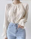 Women Standup Collar Tops  Chic Long Sleeve Lace Sweet Blouse Caidigan Splicing Shirts Blusas Mujer De Moda  11776  Blou