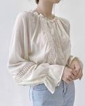Women Standup Collar Tops  Chic Long Sleeve Lace Sweet Blouse Caidigan Splicing Shirts Blusas Mujer De Moda  11776  Blou