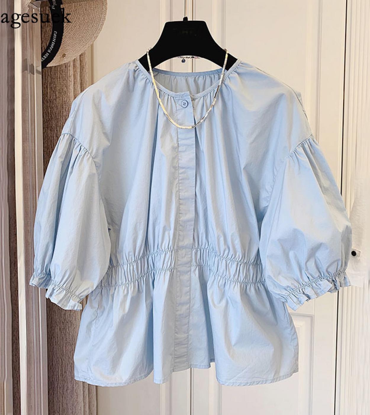  Casual Loose Cotton Blouse Women O Neck Puff Short Sleeve Pink Doll Shirts Elastic Pleated Slim Blouses Tops Blusas 159