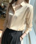 Casual Loose  Turn Down Collar Tops Office Lady Blouse Women New Chiffon Blouses Springsilk Satin Shirts Long Sleeve Top