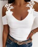 V Neck Summer Lace Sleeve Stitching T Shirt Woman Tops 2022 Womens  And Causal Slim Flower Lace Off Shoulder Blouse 223
