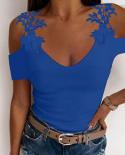 V Neck Summer Lace Sleeve Stitching T Shirt Woman Tops 2022 Womens  And Causal Slim Flower Lace Off Shoulder Blouse 223